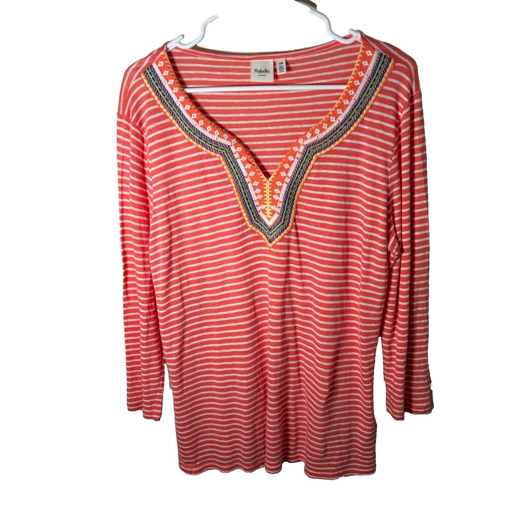 Rafaella T-Shirt Women's Large Striped Embroidered 3/4 Sleeve V-Neck Shirt Top